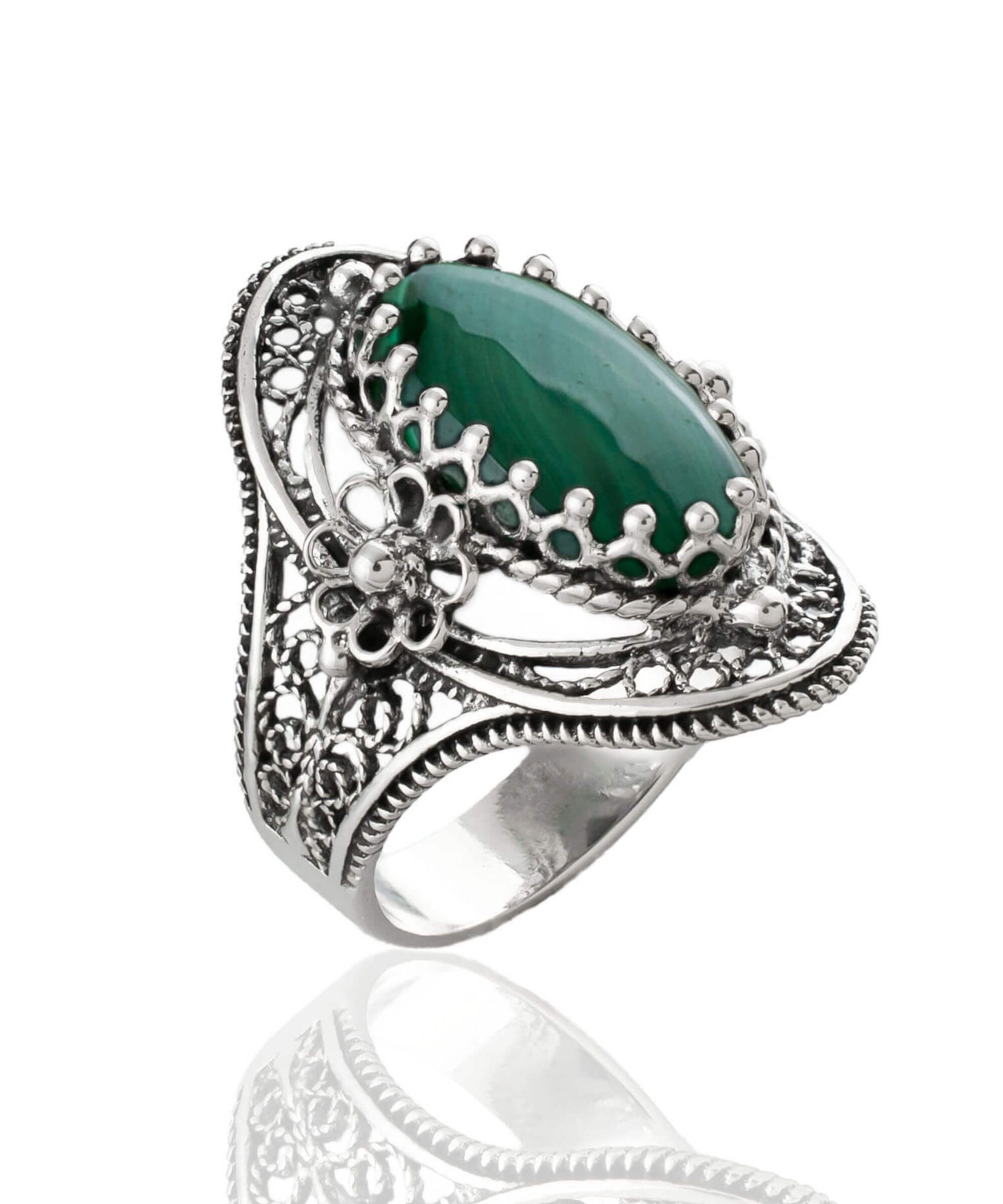 Malachite Gemstone Sterling Silver Women Statement Ring with Daisy