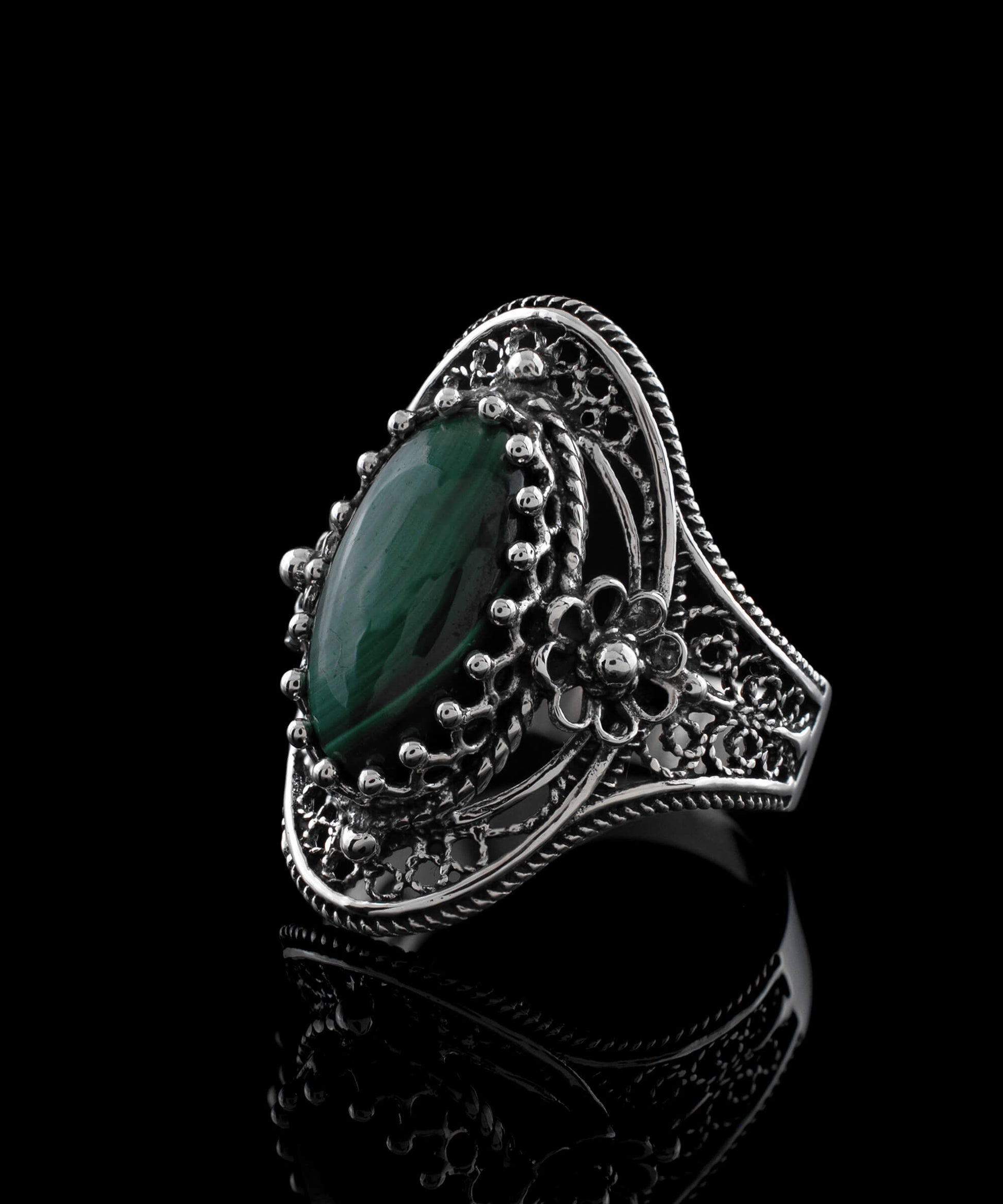 Malachite Gemstone Sterling Silver Women Statement Ring with Daisy