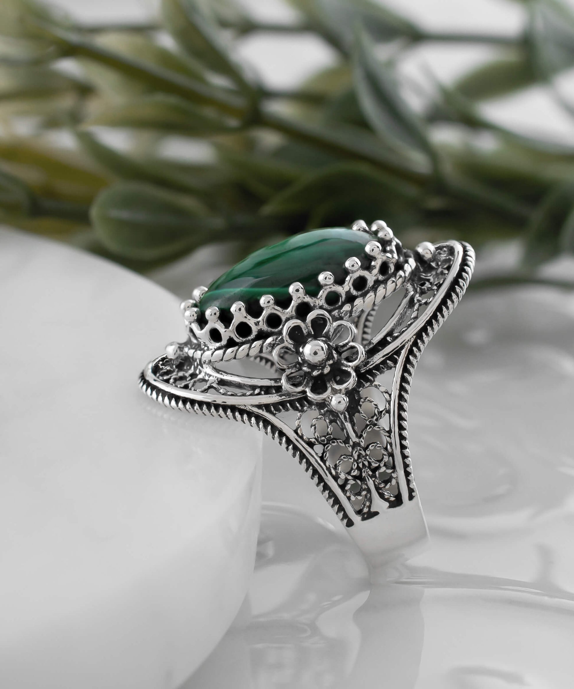 Malachite Gemstone Sterling Silver Women Statement Ring with Daisy
