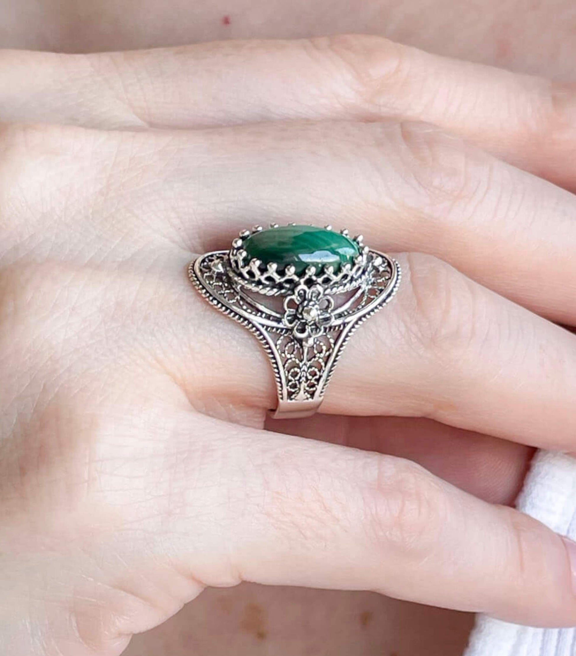 Malachite Gemstone Sterling Silver Women Statement Ring with Daisy