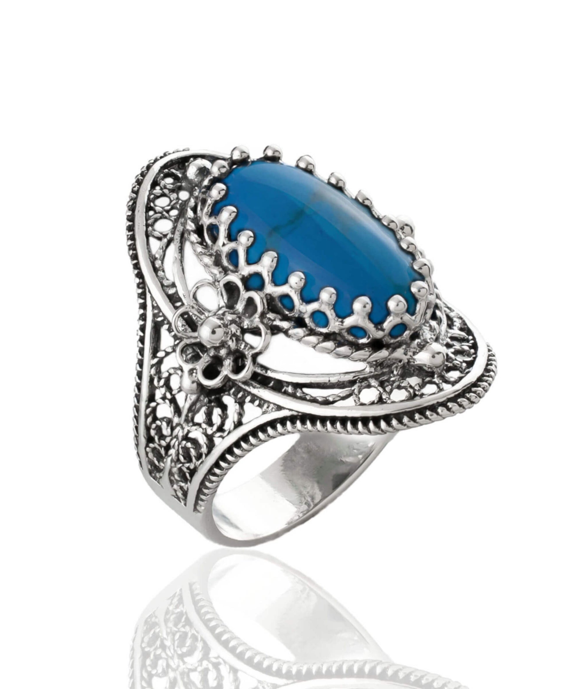 Turquoise Gemstone Sterling Silver Filigree Art Women Oval Statement