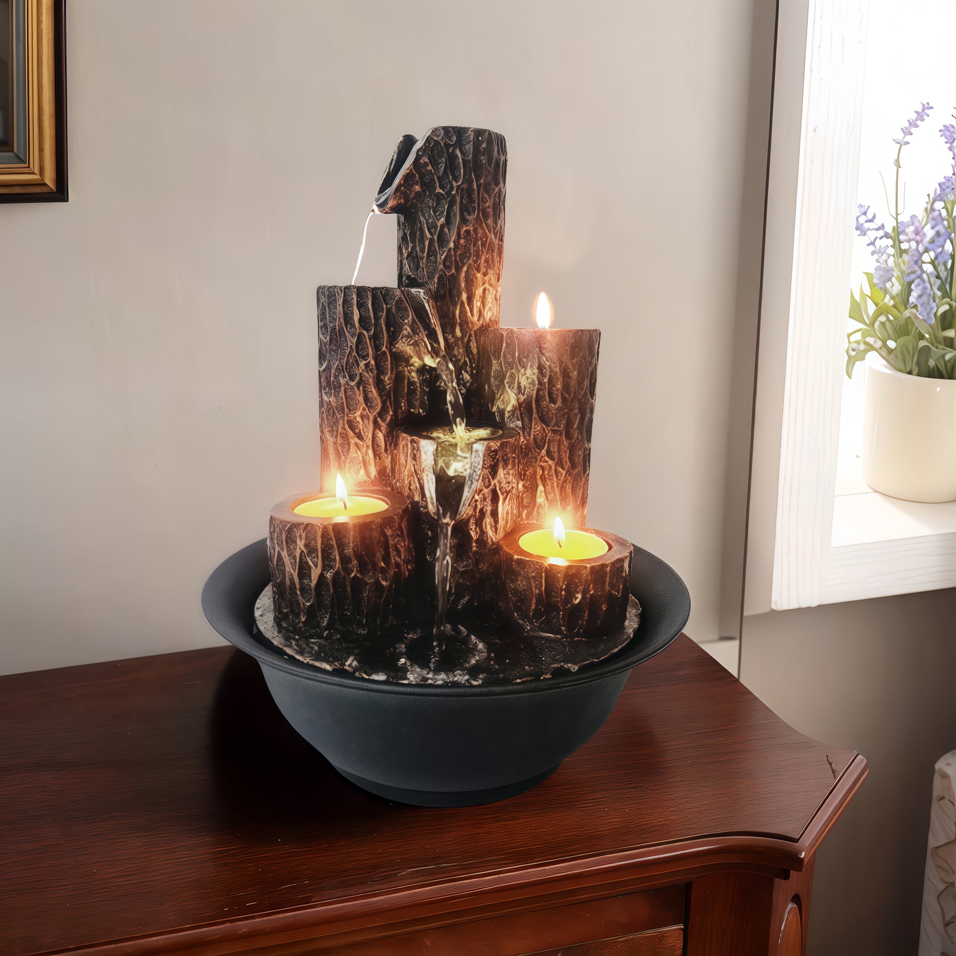 Resin 3-Tier Tabletop Waterfall Fountain with Candle Holder, Desktop Water Fountain Indoor Home