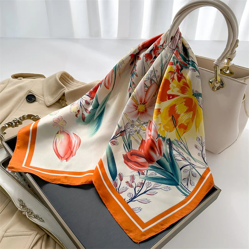 Luxury Print Silk Feeling Square Scarf Women Spring Neck Tie Shawl