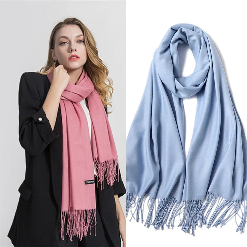 Fashion Solid Color 2023 Women Scarf Winter Hijabs Tessale Tassels