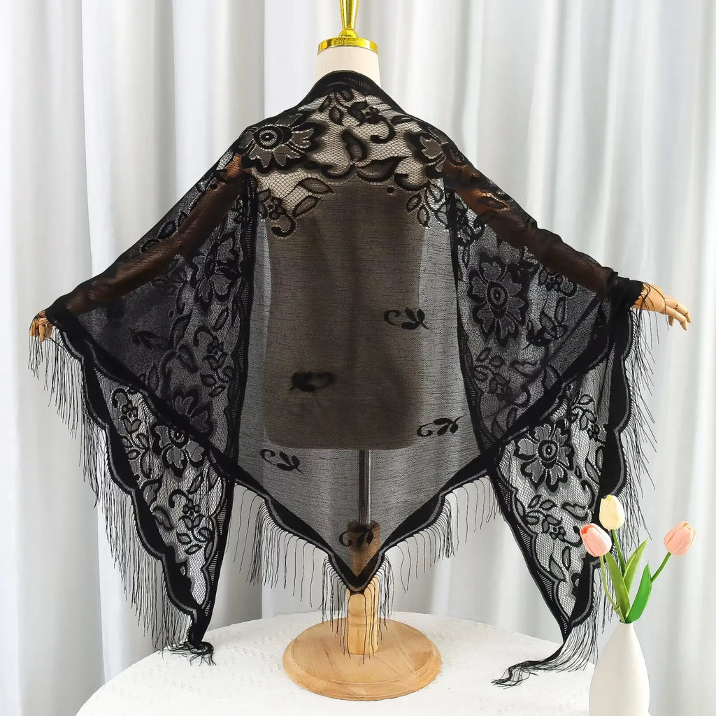 Cross-border new light and breathable monochrome lace tassel shawl