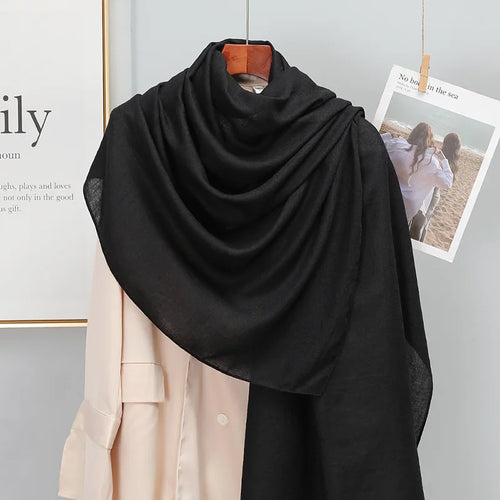 Plain Stripe Cotton Scarf for Women Winter Warm Tassel Linen Pashmina