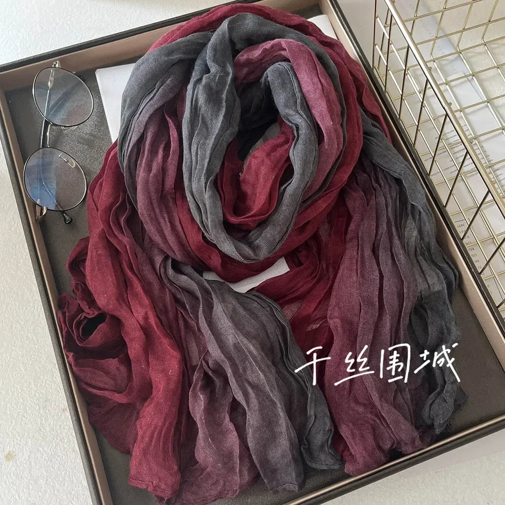 New Scarf Cotton Hemp Gradient Blue Autumn Winter Retro Versatile
