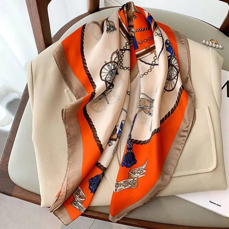 Luxury Print Silk Feeling Square Scarf Women Spring Neck Tie Shawl
