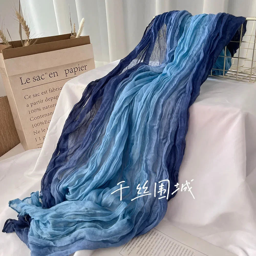 New Scarf Cotton Hemp Gradient Blue Autumn Winter Retro Versatile