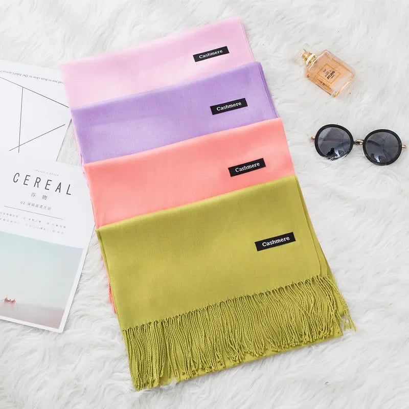 Fashion Solid Color 2023 Women Scarf Winter Hijabs Tessale Tassels