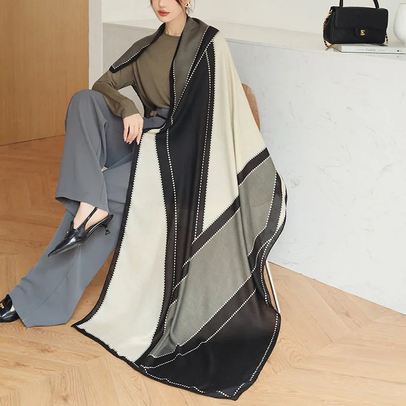 Plain Stripe Cotton Scarf for Women Winter Warm Tassel Linen Pashmina