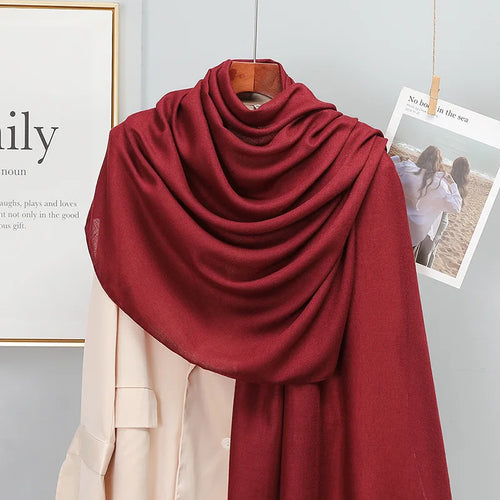 Plain Stripe Cotton Scarf for Women Winter Warm Tassel Linen Pashmina