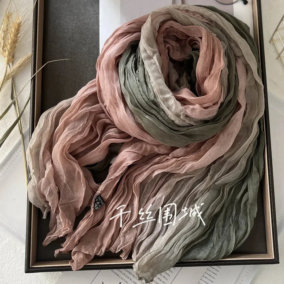 New Scarf Cotton Hemp Gradient Blue Autumn Winter Retro Versatile
