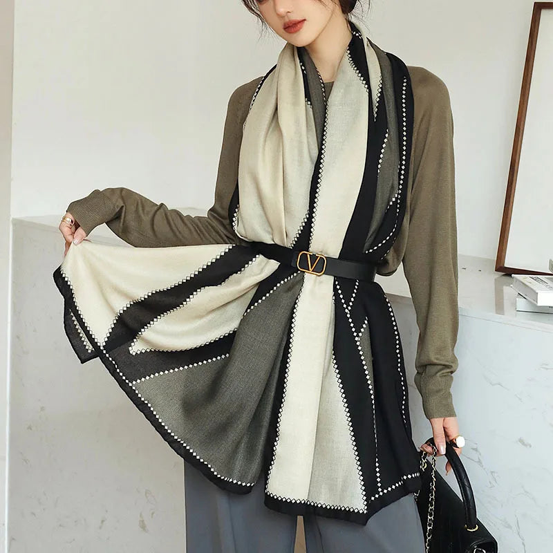 Plain Stripe Cotton Scarf for Women Winter Warm Tassel Linen Pashmina