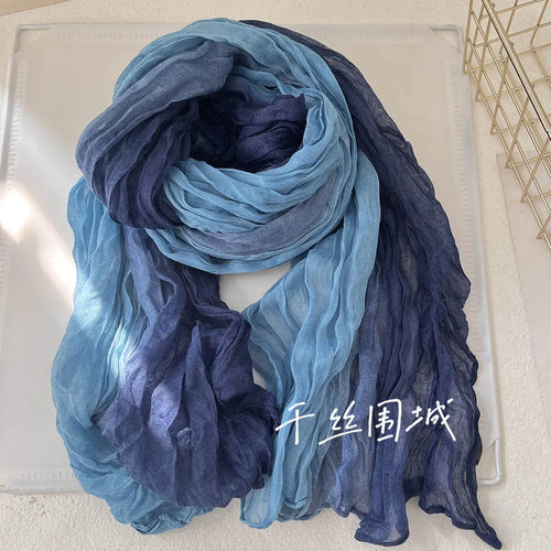 New Scarf Cotton Hemp Gradient Blue Autumn Winter Retro Versatile