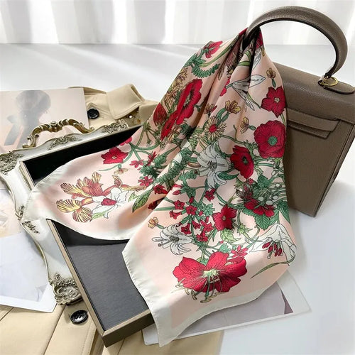 Luxury Print Silk Feeling Square Scarf Women Spring Neck Tie Shawl