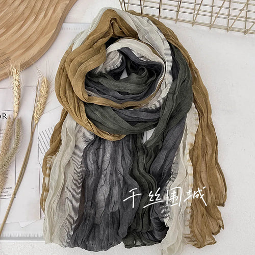 New Scarf Cotton Hemp Gradient Blue Autumn Winter Retro Versatile