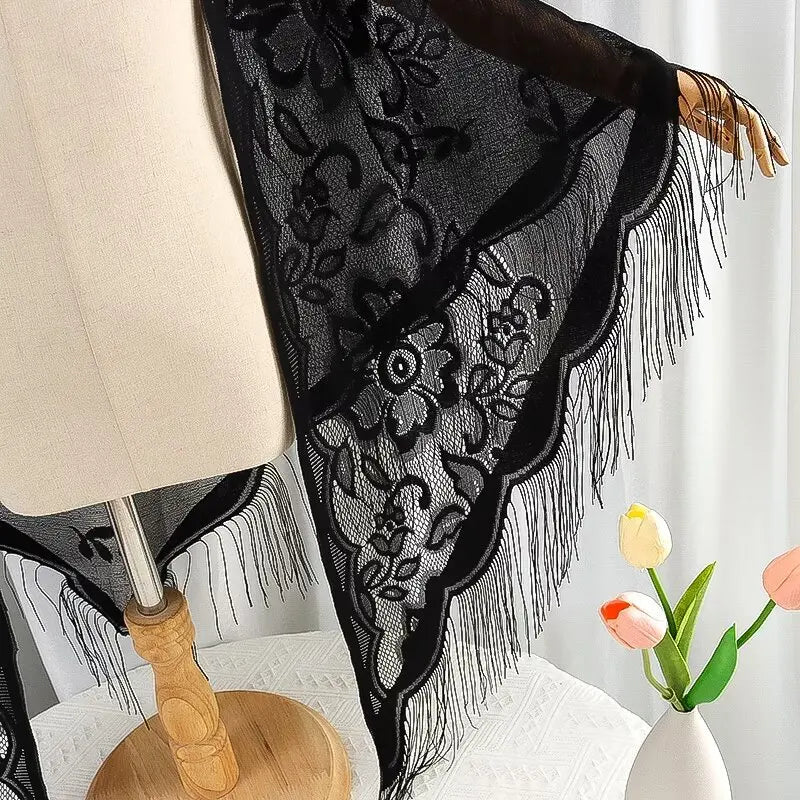 Cross-border new light and breathable monochrome lace tassel shawl