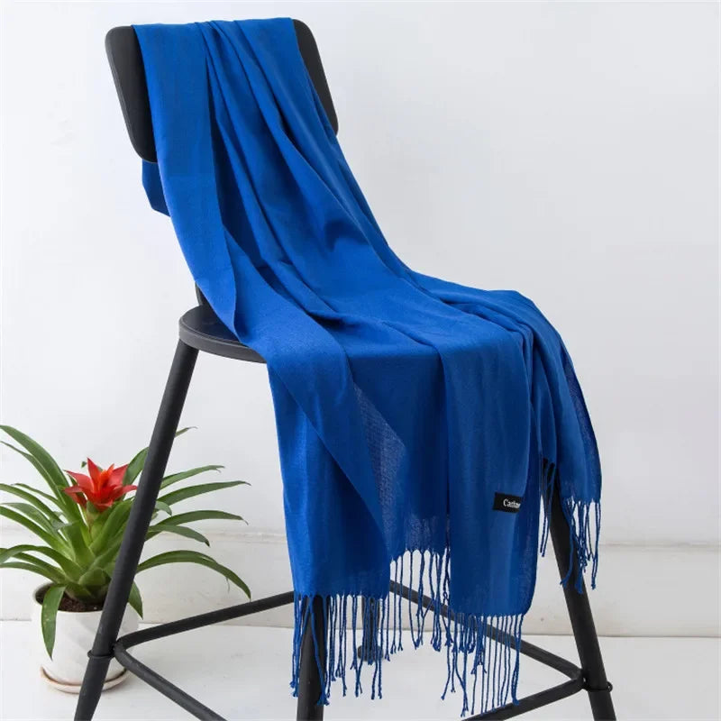 Fashion Solid Color 2023 Women Scarf Winter Hijabs Tessale Tassels