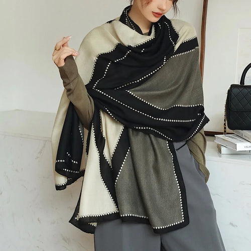 Plain Stripe Cotton Scarf for Women Winter Warm Tassel Linen Pashmina