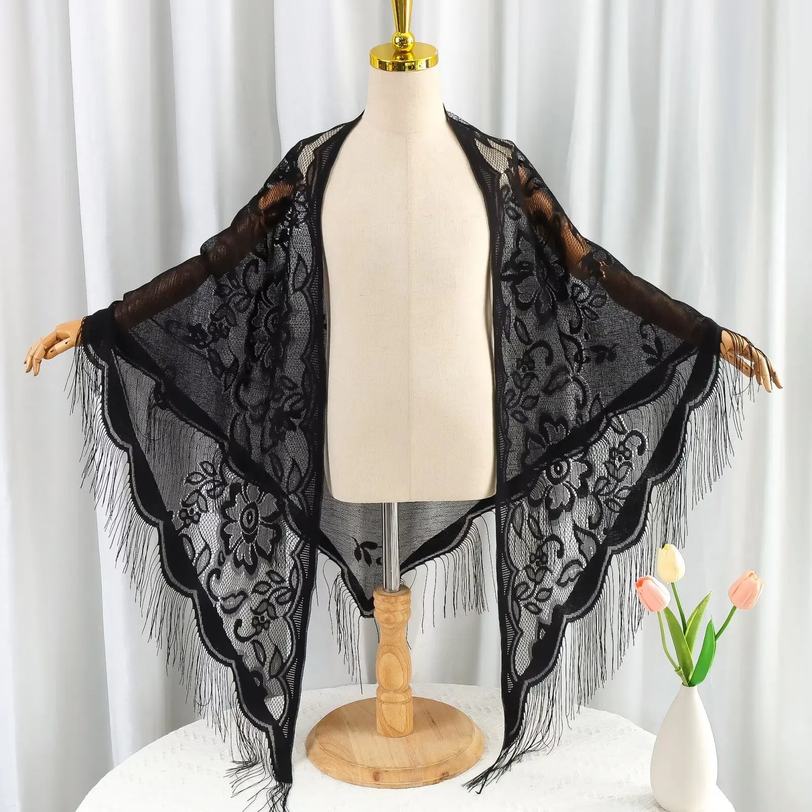 Cross-border new light and breathable monochrome lace tassel shawl