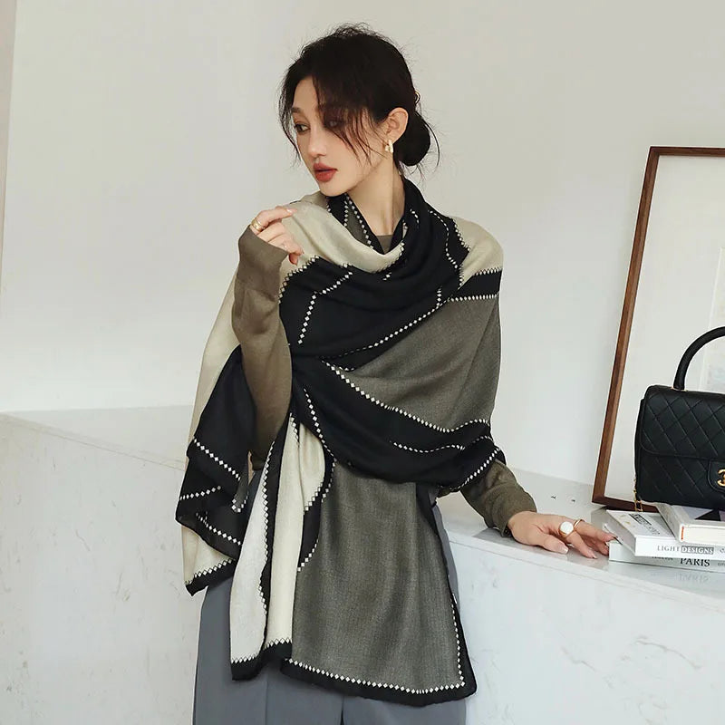 Plain Stripe Cotton Scarf for Women Winter Warm Tassel Linen Pashmina