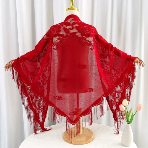 Cross-border new light and breathable monochrome lace tassel shawl