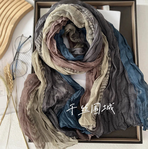 New Scarf Cotton Hemp Gradient Blue Autumn Winter Retro Versatile