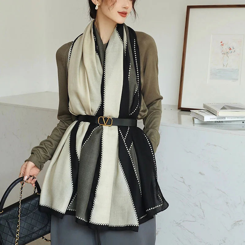 Plain Stripe Cotton Scarf for Women Winter Warm Tassel Linen Pashmina