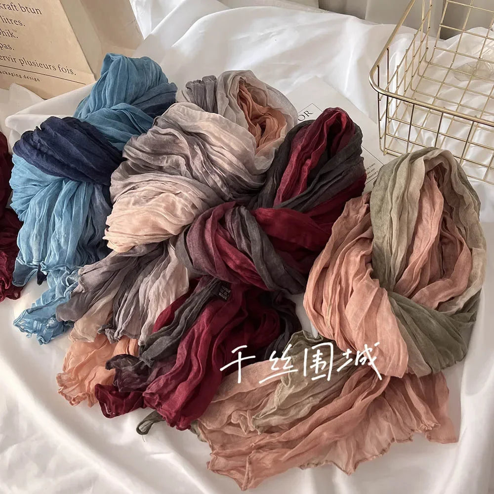 New Scarf Cotton Hemp Gradient Blue Autumn Winter Retro Versatile