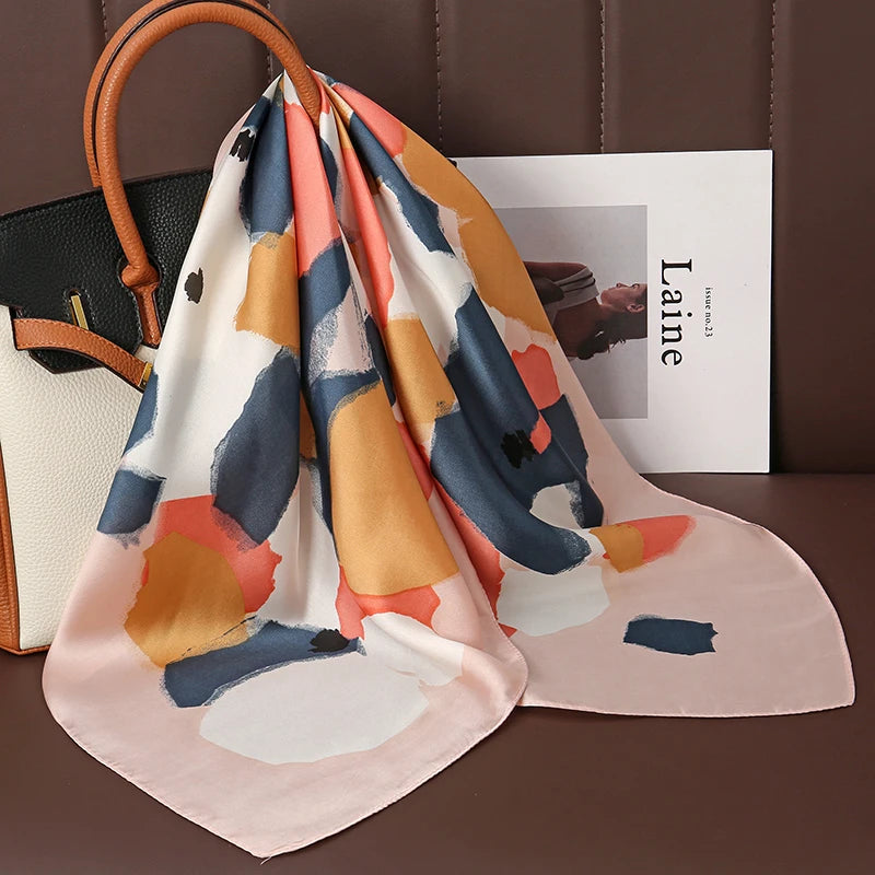 Luxury Print Satin Silk Square Scarf for Women Shawl Hijab Neckerchief