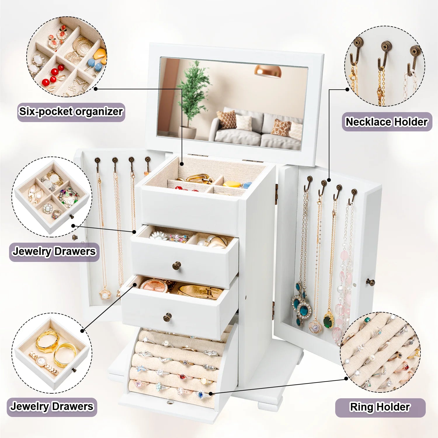 Jewelry Box, Wooden Jewelry Boxes for Women, Jewelry Organizer Box Display for Rings Earrings Necklaces Bracelets,Weathered White