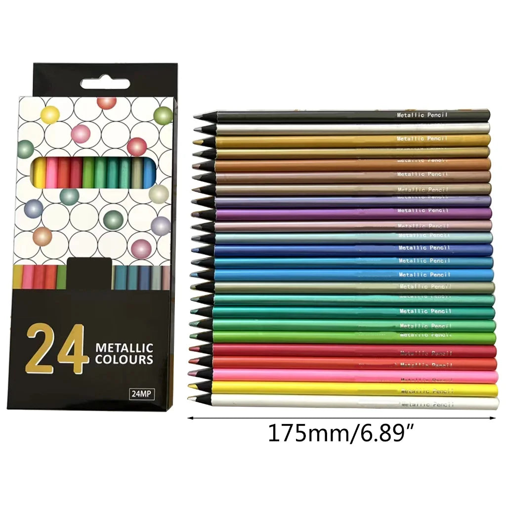 24 Count Metallic Colored Pencils Assorted Coloring Pencil Set Wooden Drawing Pencils for Kids Art Drawing Coloring Book