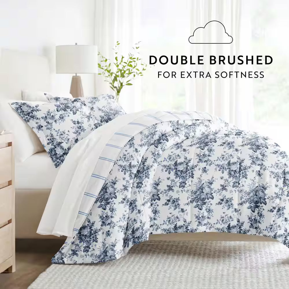 7-Piece Cabbage Rose Stripe Stone Pattern Comforter Cal King Microfiber Bedding Bundle