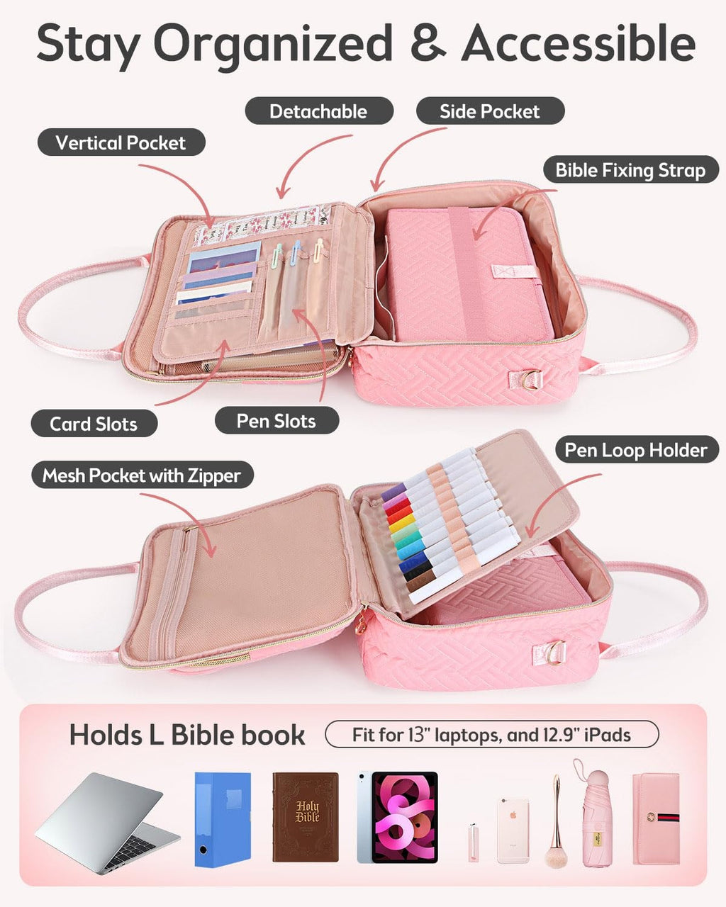 Large Women's Bible Cover with Shoulder Strap - Pink Bible Case