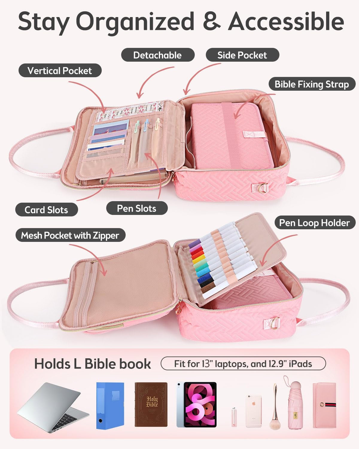 Large Women's Bible Cover with Shoulder Strap - Pink Bible Case