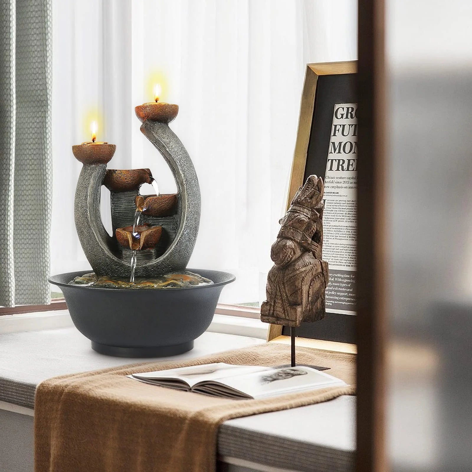 3 Tier Tabletop Waterfall Fountain with Candle Holder,Water Fountain Indoor Home