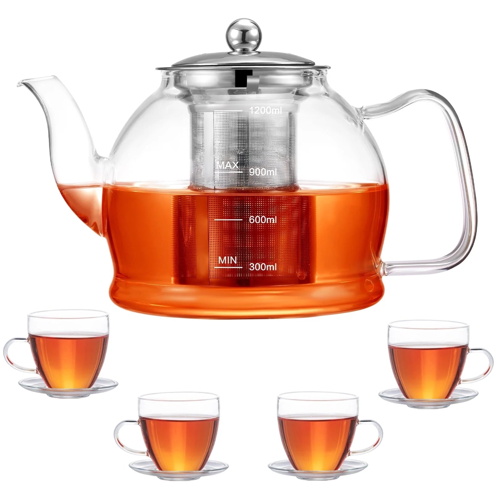 1200Ml Glass Teapot Set, with Removable Stainless Steel Infuser and 4 Glass Tea Cups, Stovetop Safe Teapot Gift Set, Blooming and Loose Leaf Glass Pitcher