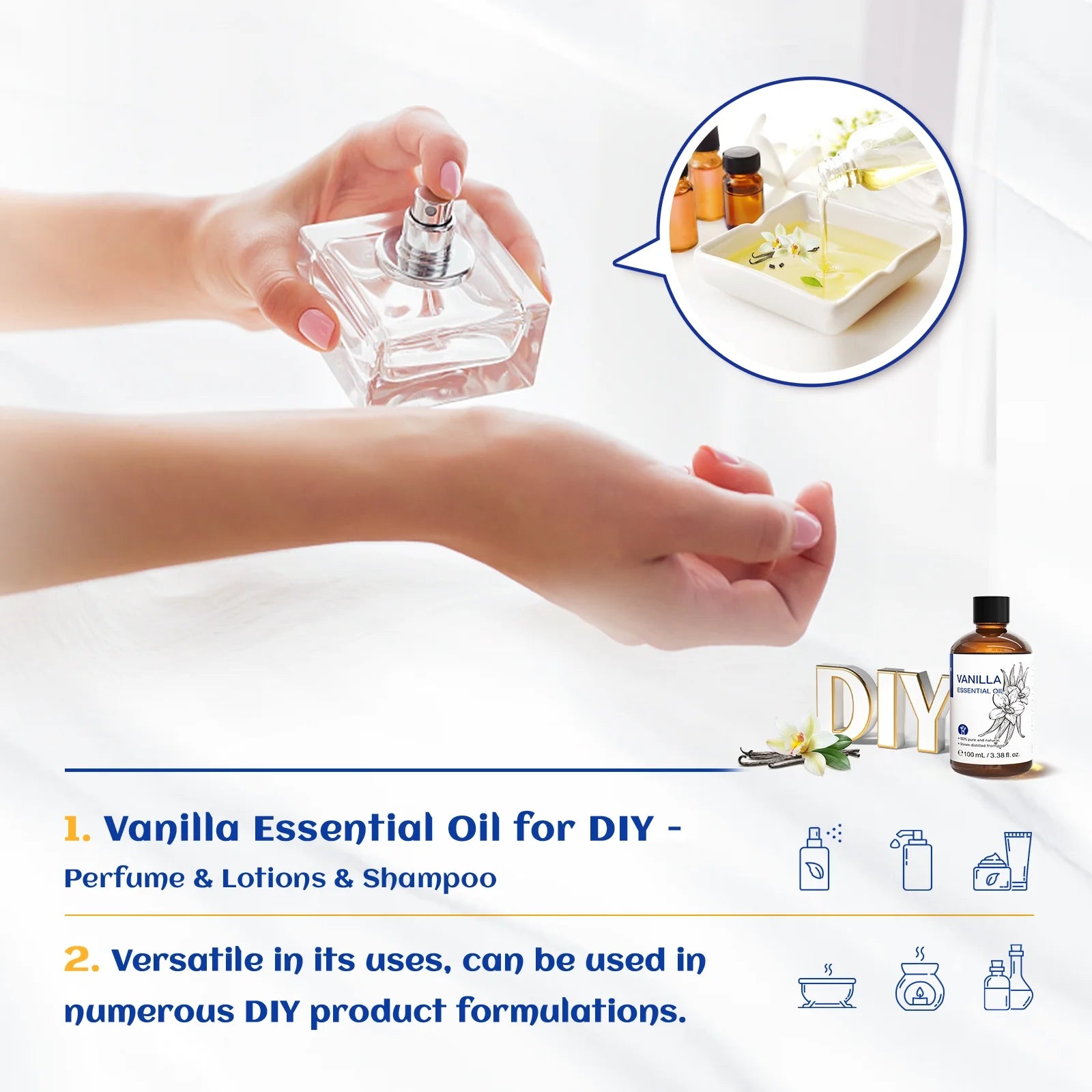Vanilla Essential Oil, 100% Pure Natural, for Skin, Bath, Diffuser, Candle Soap Making-100Ml
