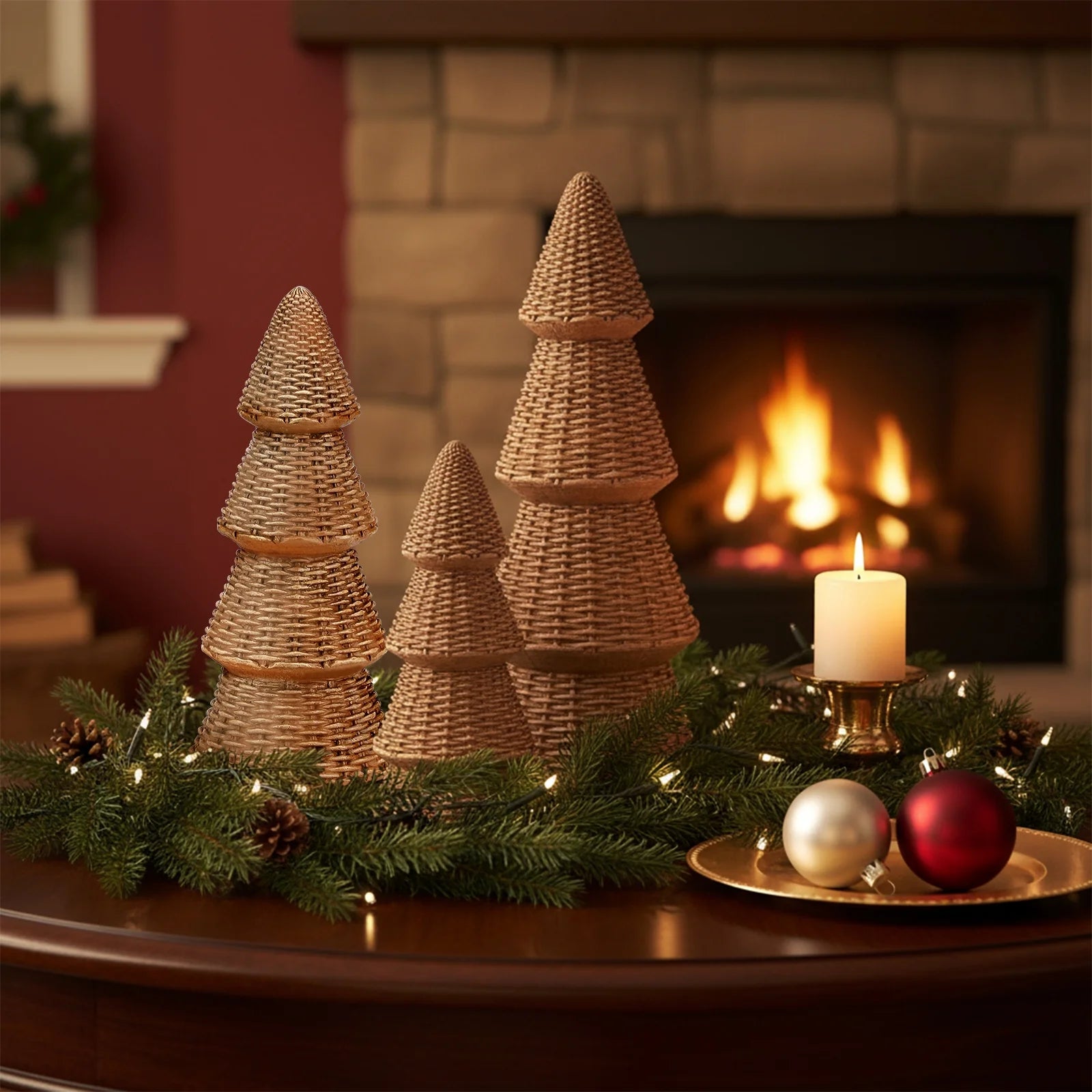 3Pcs Tabletop Christmas Tree Woven Resin Christmas Trees for Christmas Decor Indoor, Christmas Table Decor, Khaki