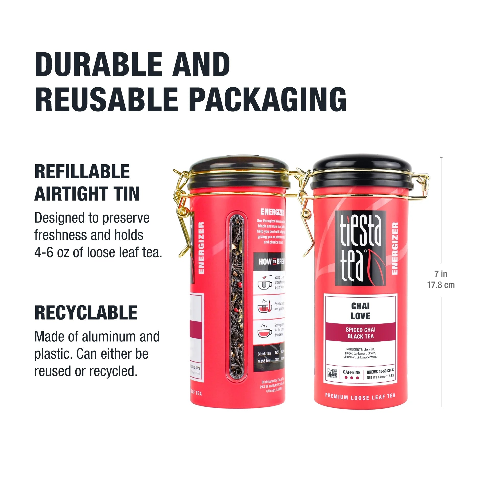 - Chai Love, Energizer Loose Leaf Black Tea, High Caffeine, Gmo-Free, Make Hot or Iced & up to 50 Cups - 4 Oz Refillable Tin Can