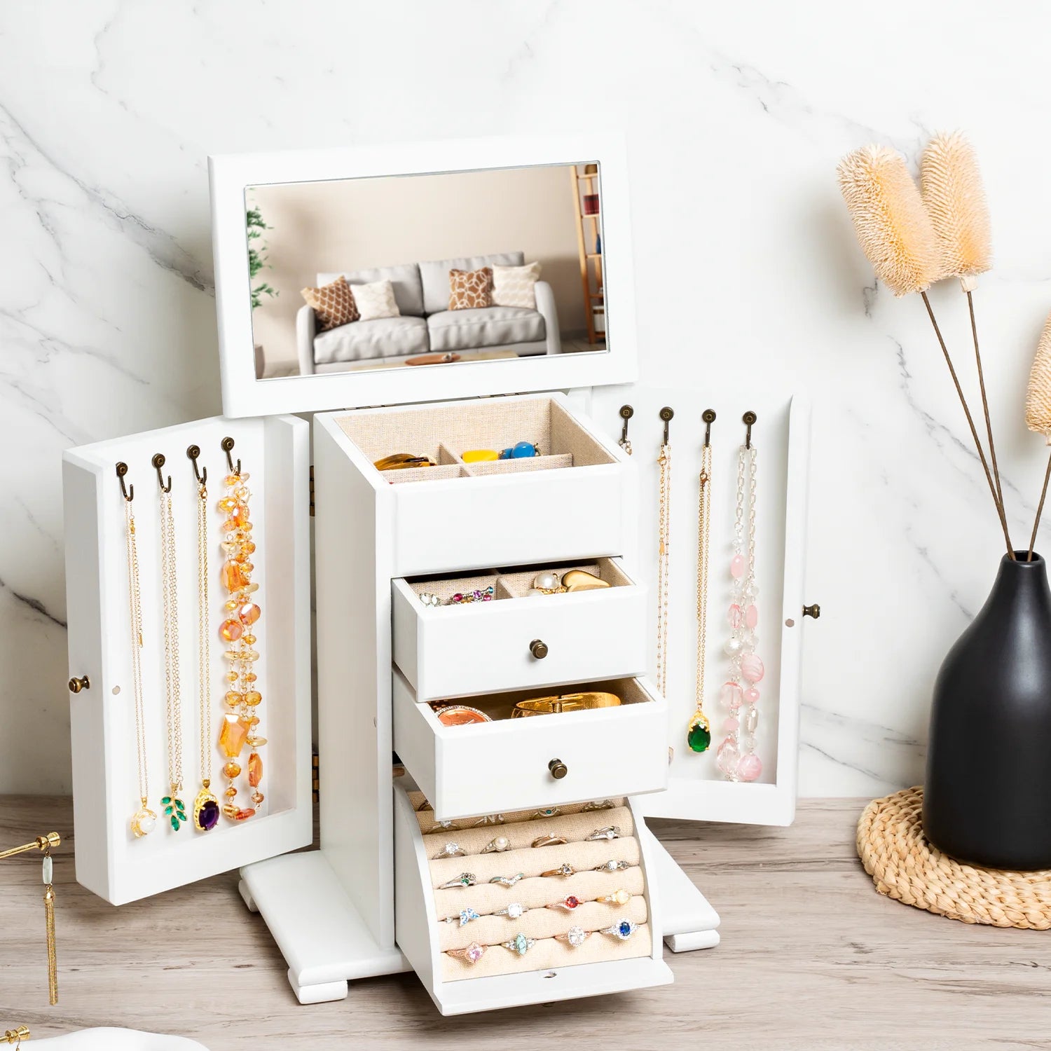 Jewelry Box, Wooden Jewelry Boxes for Women, Jewelry Organizer Box Display for Rings Earrings Necklaces Bracelets,Weathered White