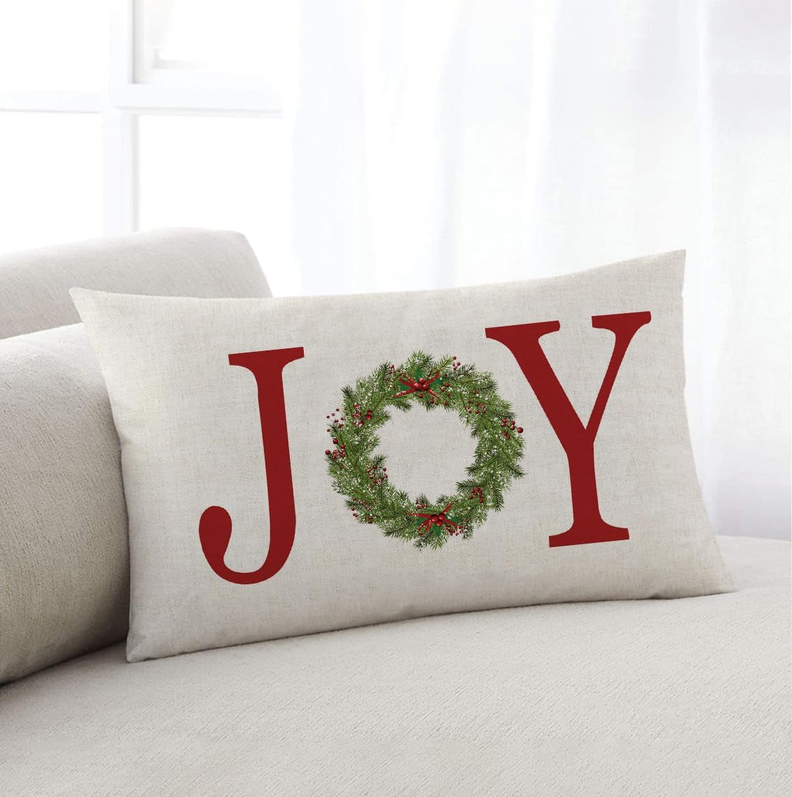 Joy with Wreath Throw Pillow Cover Farmhouse Christmas Decor Cuhion Cover Buffalo Check Trees Pillow Cover Farm Decor 20X12 Inch Outdoor Pillow Cushion,