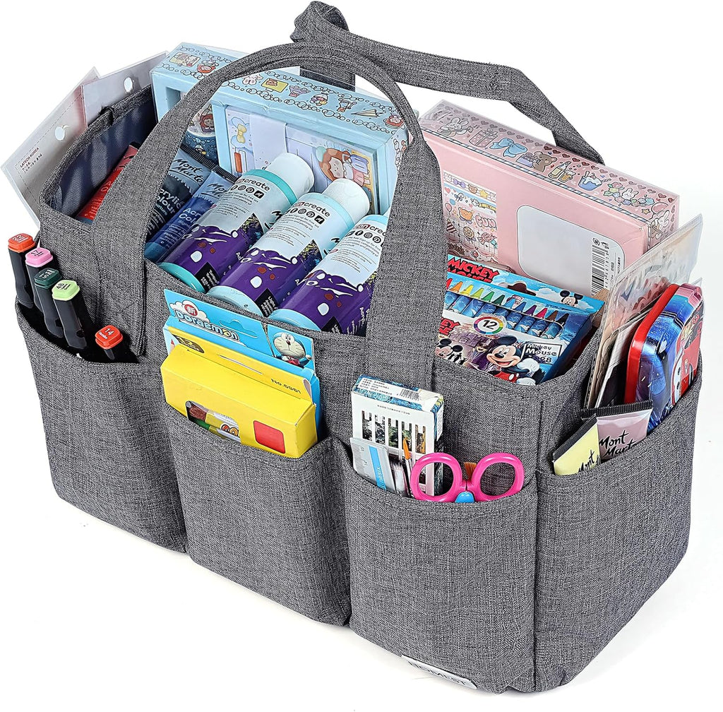 Versatile Gray Craft Organizer Tote Bag with Multiple Pockets for Scrapbooking and Craft Supplies