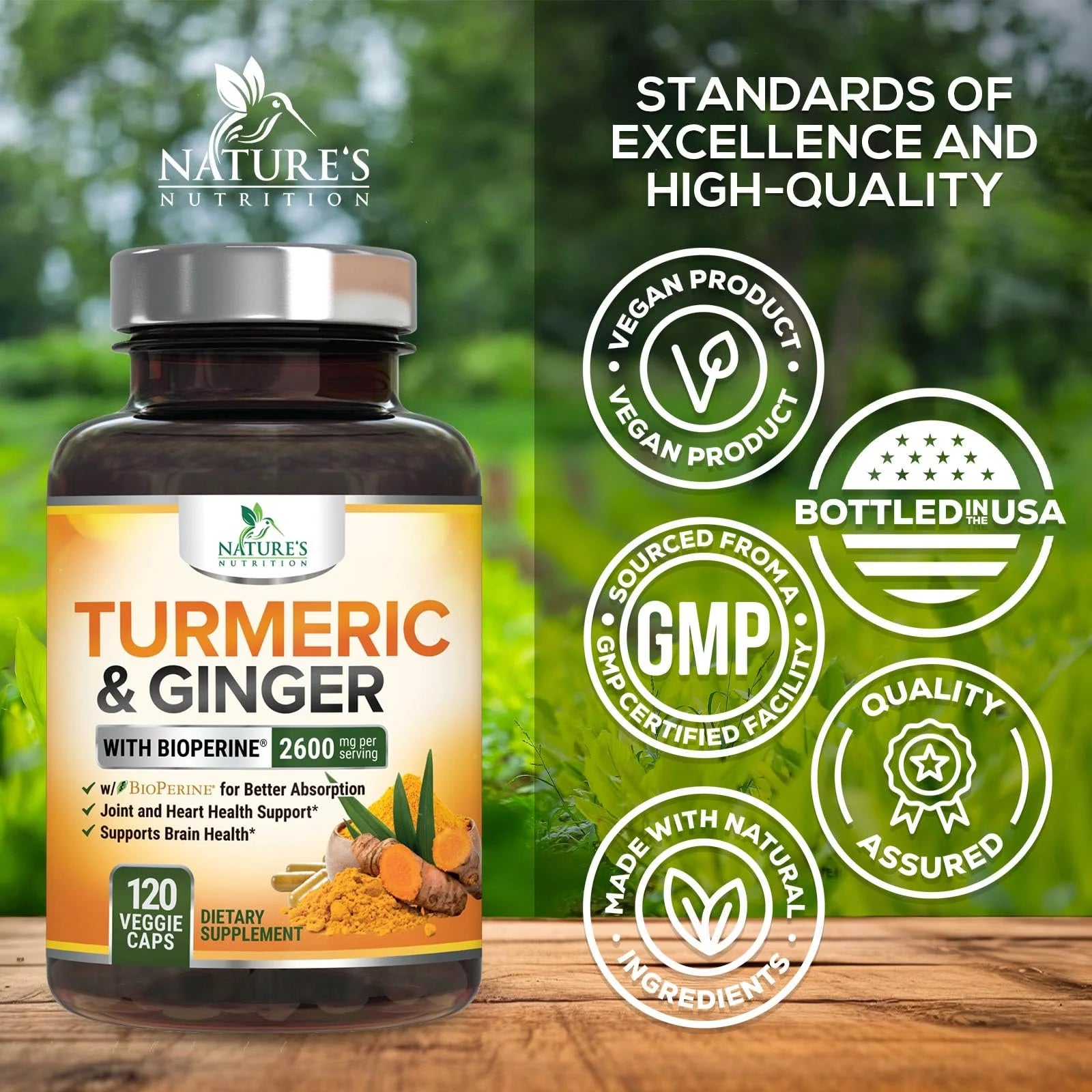 Turmeric Supplement Curcumin 2600Mg - with Organic Ginger & Turmeric, Bioperine Black Pepper Extract 95% Curcuminoids - Advanced Absorption Antioxidant & Joint Support - Vegan - 120 Capsules