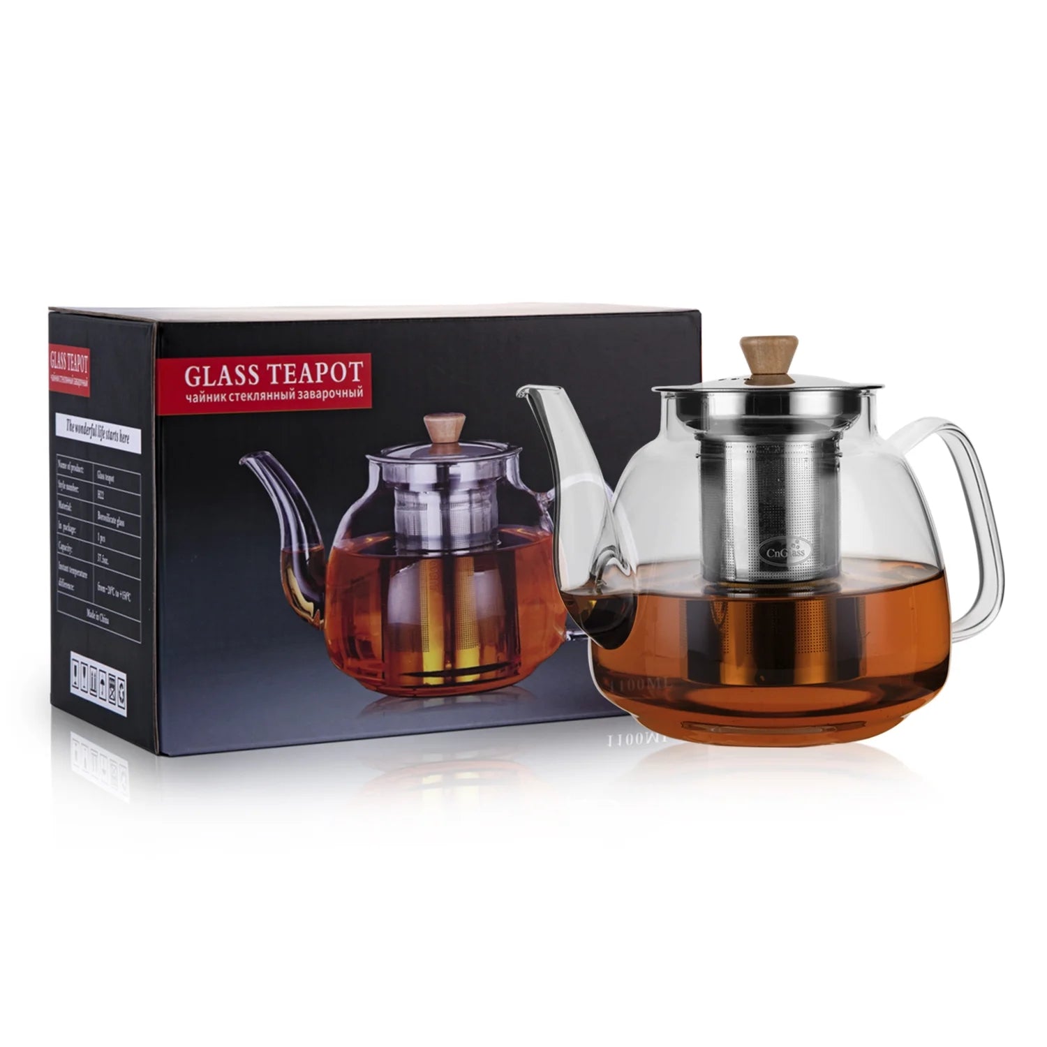 37.5Oz/1100Ml Glass Teapot with Infuser, Clear Glass Tea Kettle with Removable Stainless Steel Strainer, Stovetop Safe Glass Teapot for Blooming and Loose Leaf Tea