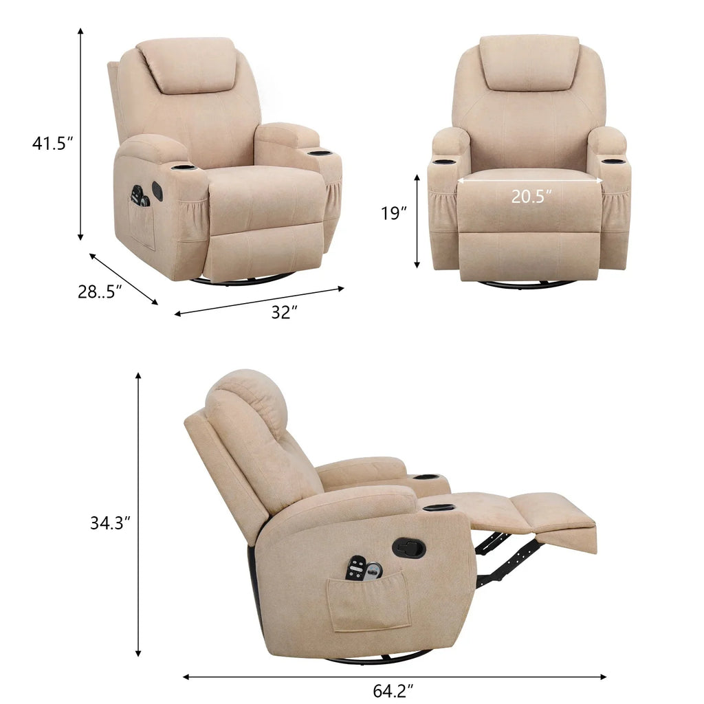 Swivel Rocking Recliner Chair Massage Fabric 360 Swivel Rocker Recliner Living Room Chair Home Theater Seating,Fabric Beige