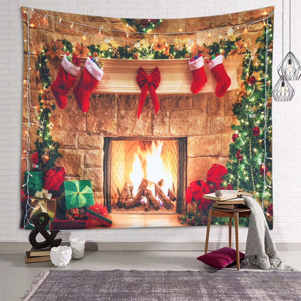 Christmas Tapestry Fireplace Xmas Wall Tapestry Tree Stocking Gift Box Tapestry Wall Hanging for Party Livingroom Bedroom Dorm Home Decor W59 X L51