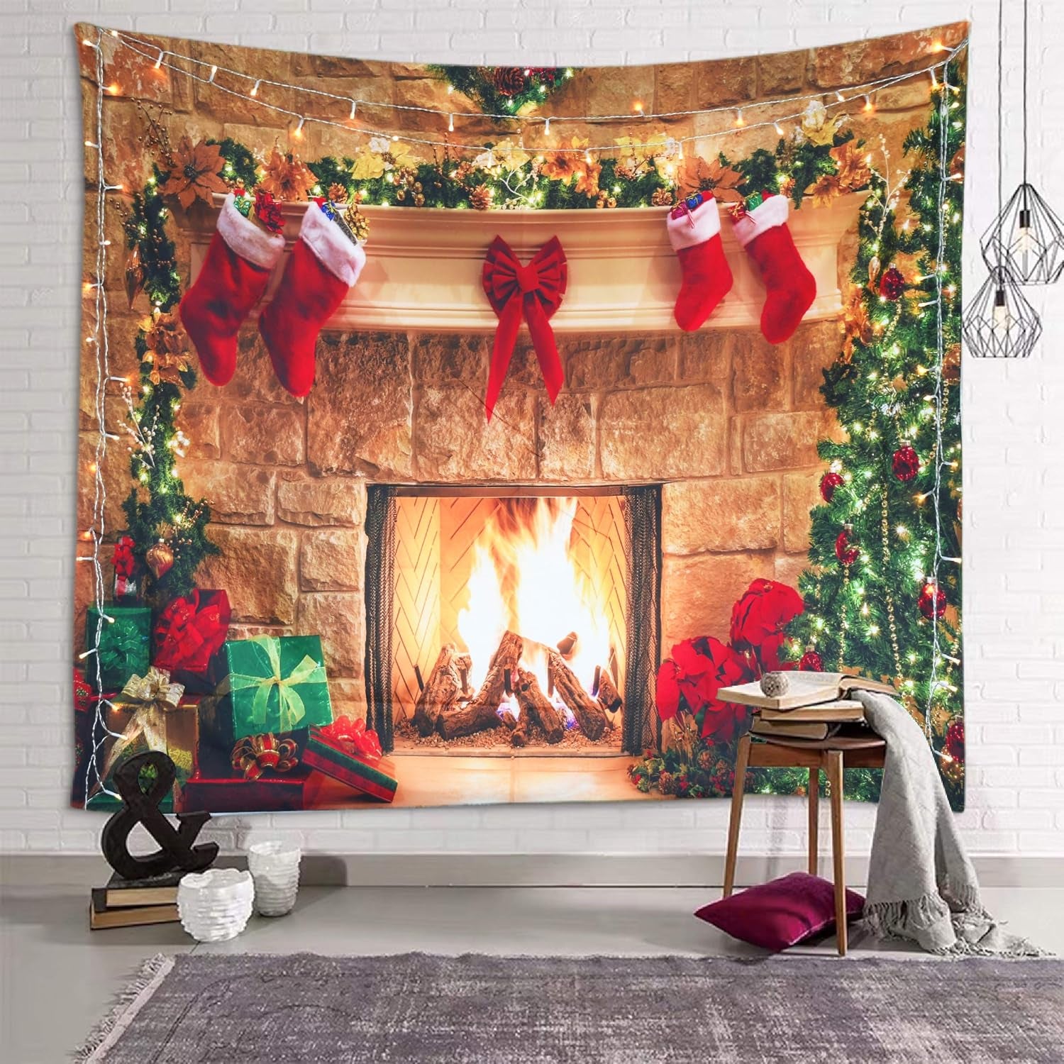 Christmas Tapestry Fireplace Xmas Wall Tapestry Tree Stocking Gift Box Tapestry Wall Hanging for Party Livingroom Bedroom Dorm Home Decor W59 X L51
