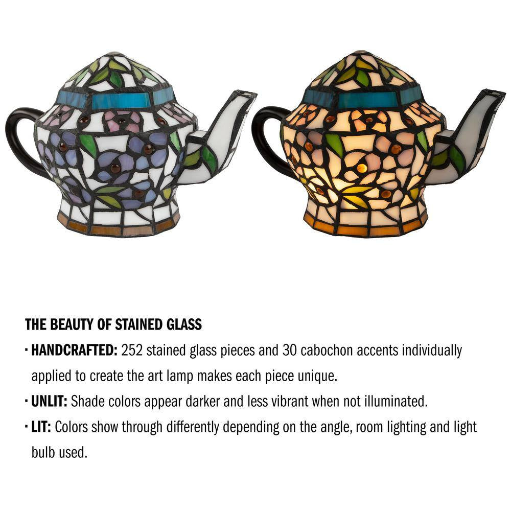 7 In. Multi-Colored Stained Glass Tiffany Style LED Teapot Lamp with Brown Metal Handle
